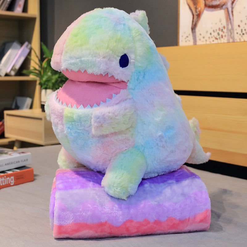 PlushyPillow Rainbow Plush Dinosaur With Blanket - SensoryFun.com