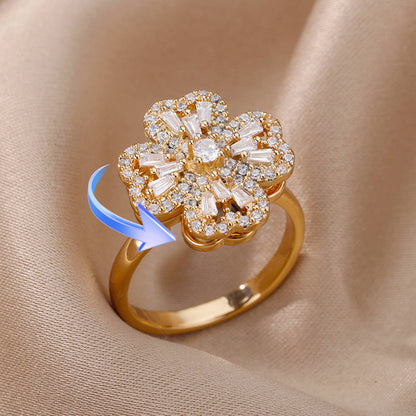 Copper Micro-Inlaid 360° Rotatable Four-leaf Clover Ring Personalized Design
